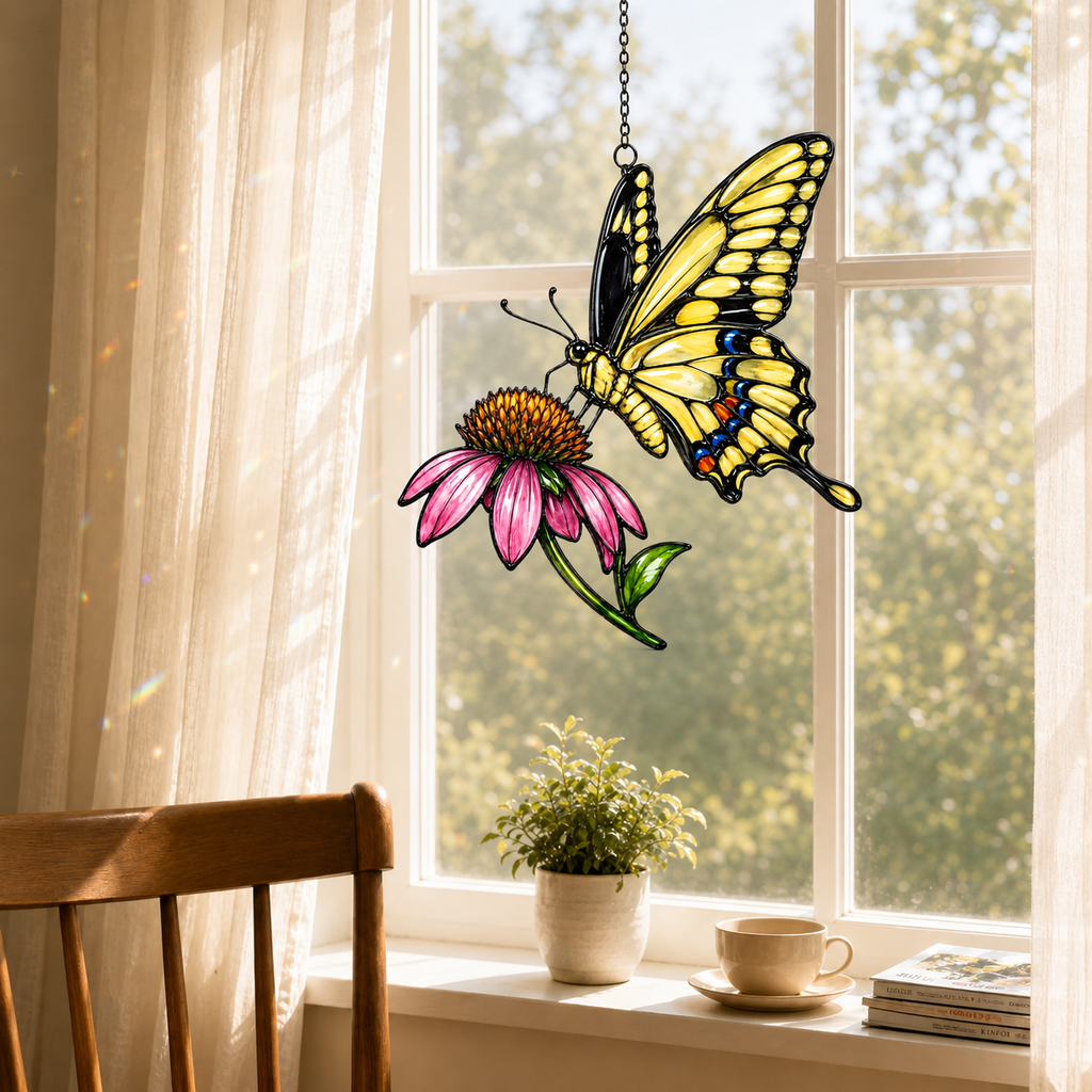 Swallowtail butterfly coneflower suncatcher in a bright living room window