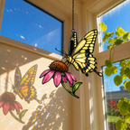 Swallowtail butterfly coneflower suncatcher casting colorful shadows