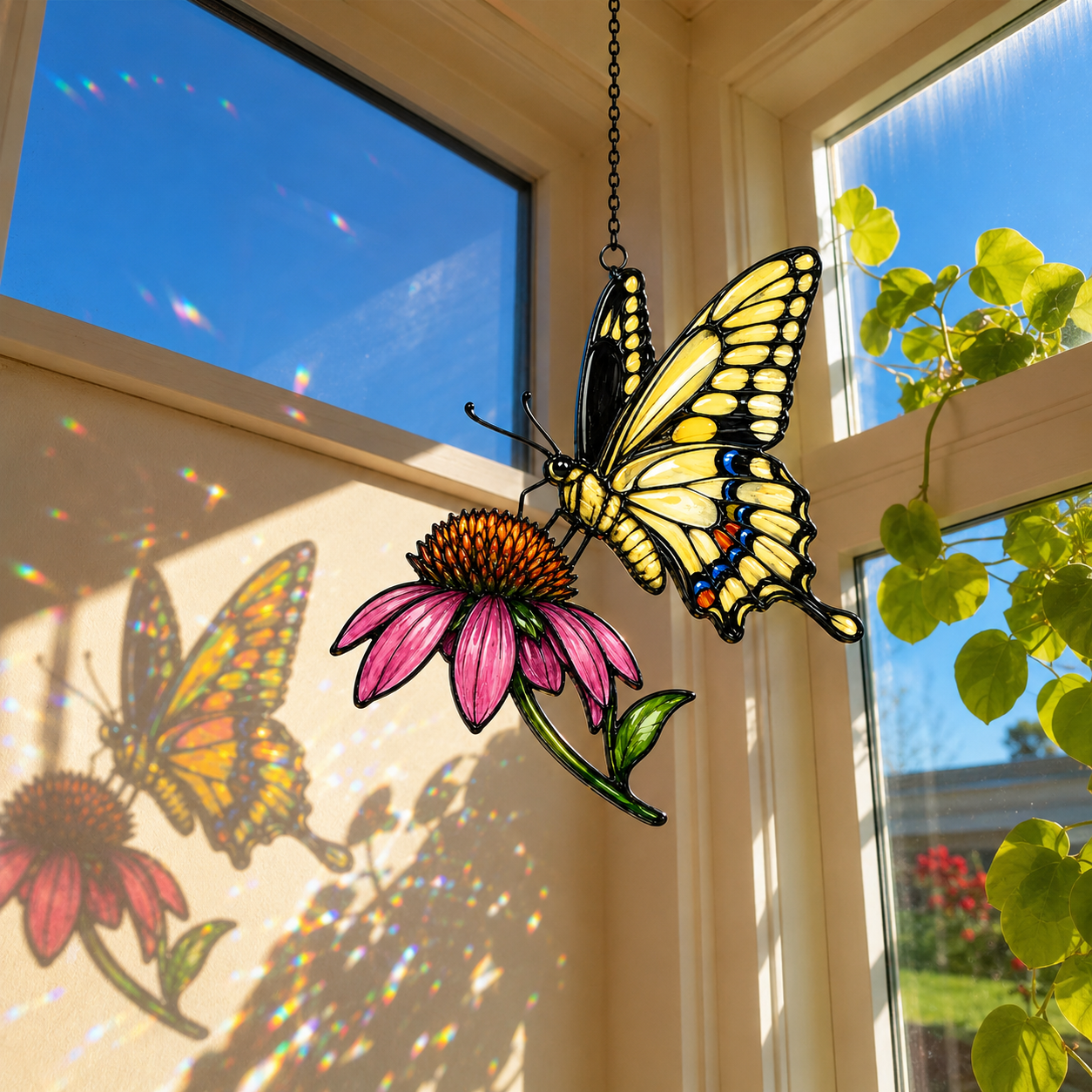 Swallowtail butterfly coneflower suncatcher casting colorful shadows