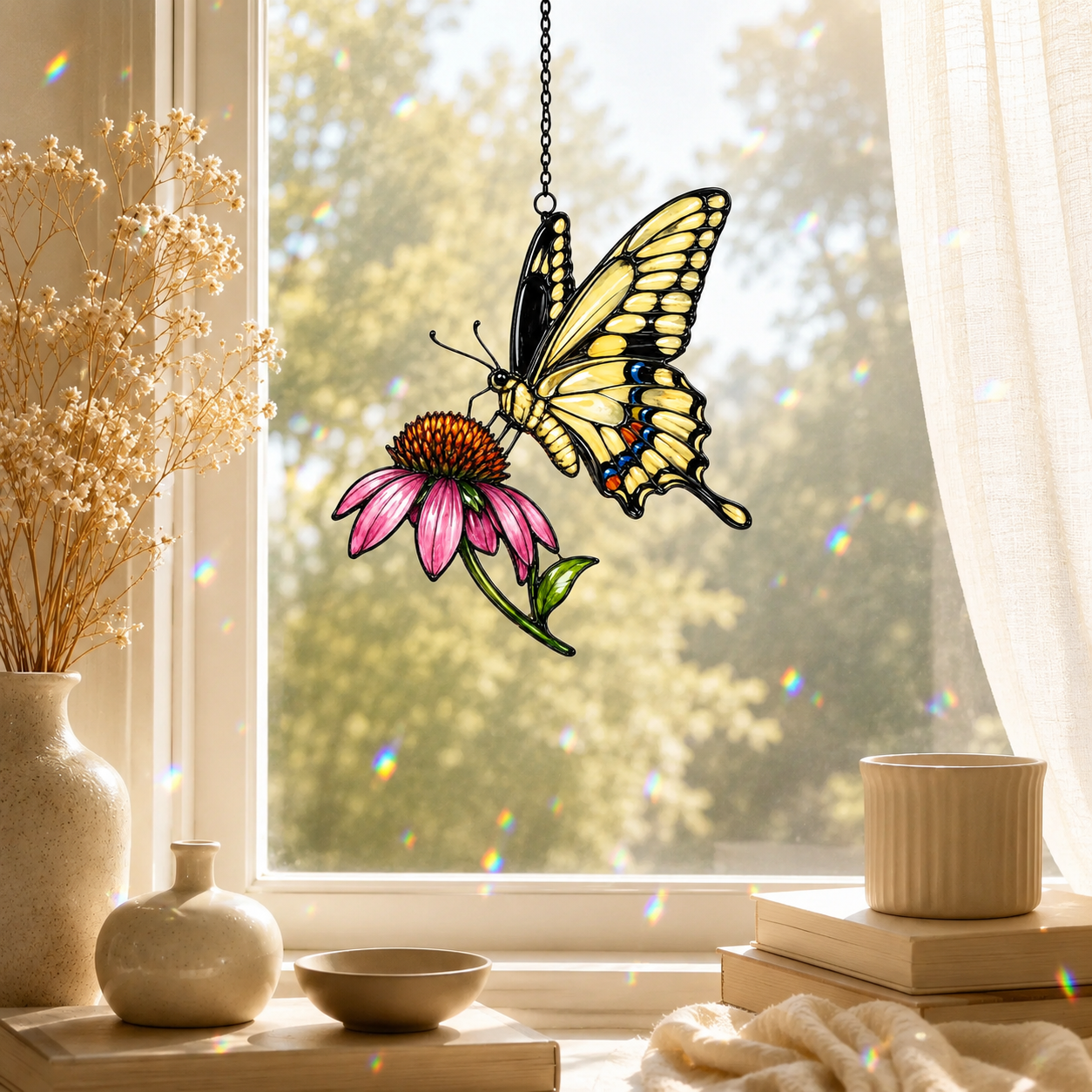 Swallowtail butterfly coneflower suncatcher with books and dried flowers