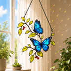 Blue morpho butterflies berry branch suncatcher with potted plants