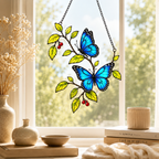 Blue morpho butterflies berry branch suncatcher with ceramics and books