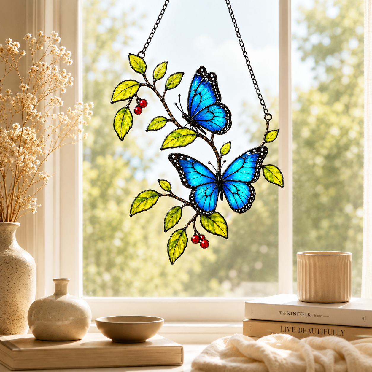 Blue morpho butterflies berry branch suncatcher with ceramics and books