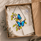 Blue morpho butterflies berry branch suncatcher gift box packaging