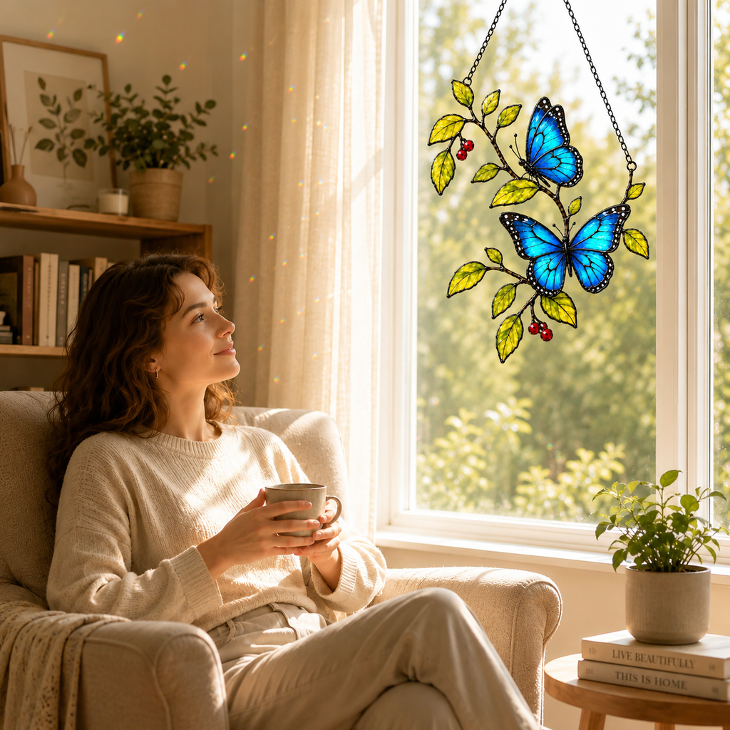 Blue morpho butterflies berry branch suncatcher by a cozy reading window