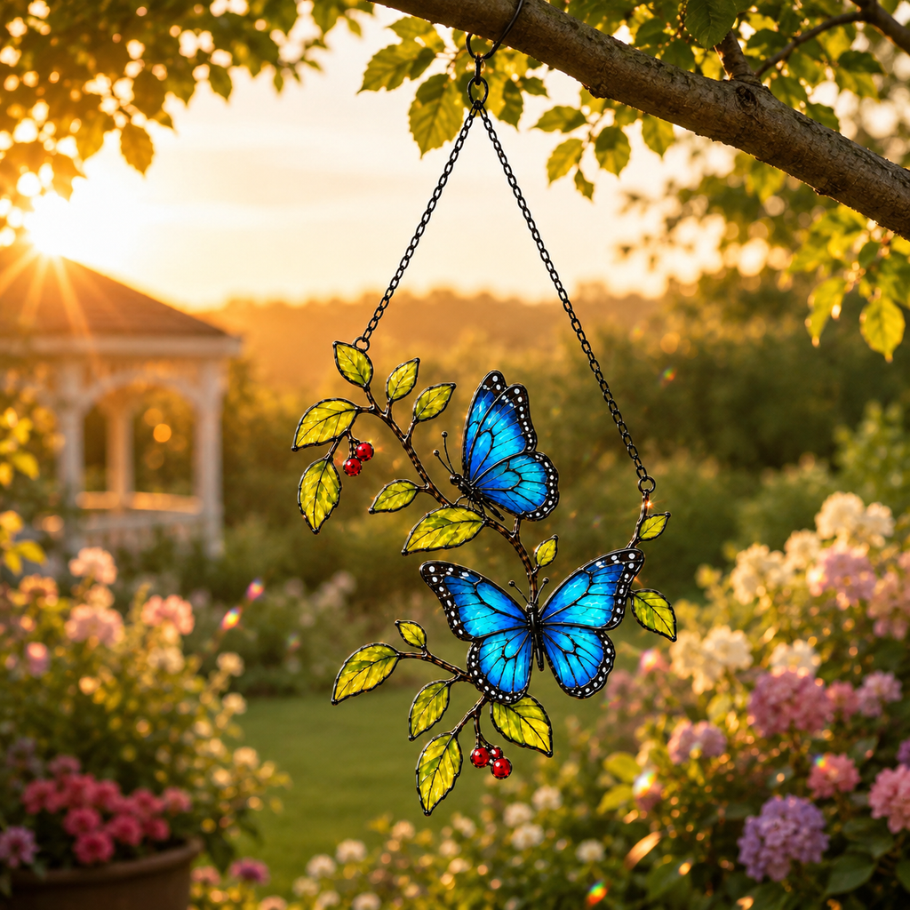 Blue morpho butterflies berry branch suncatcher in a garden at sunset