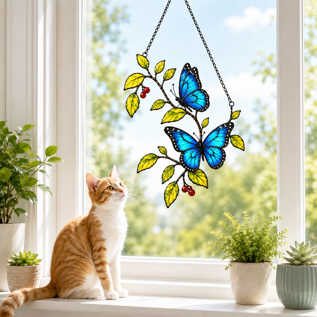 Cat admiring blue morpho butterflies berry branch suncatcher on a windowsill