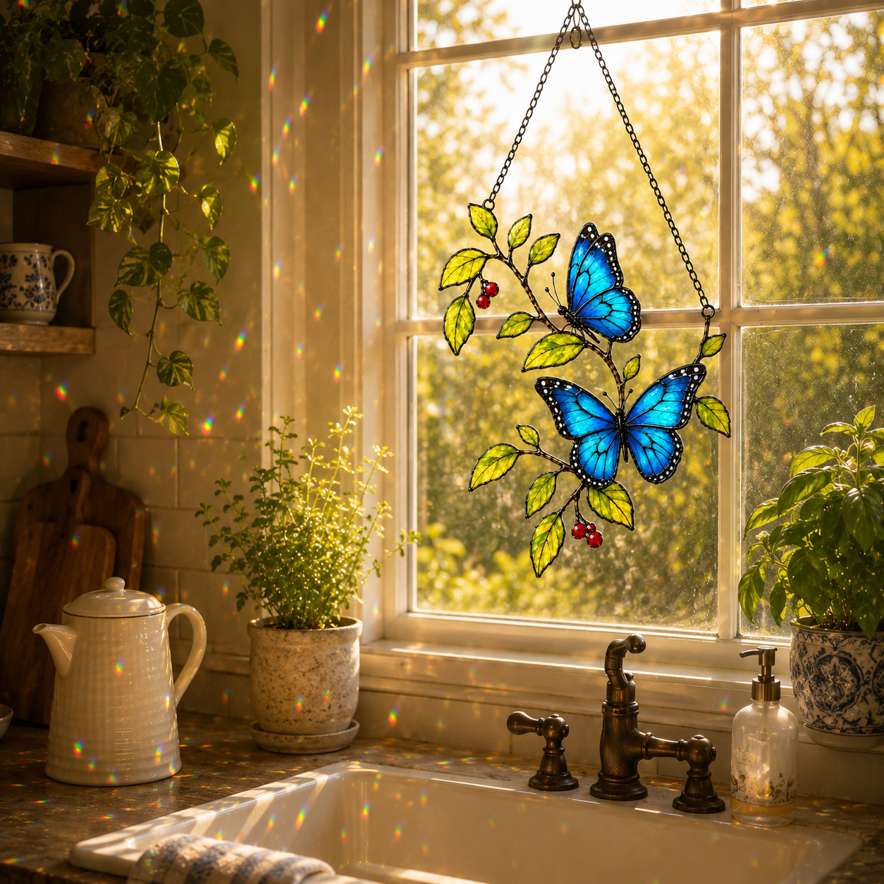 Blue morpho butterflies berry branch suncatcher above a kitchen sink window