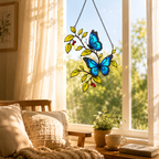 Blue morpho butterflies berry branch suncatcher in a bright living room