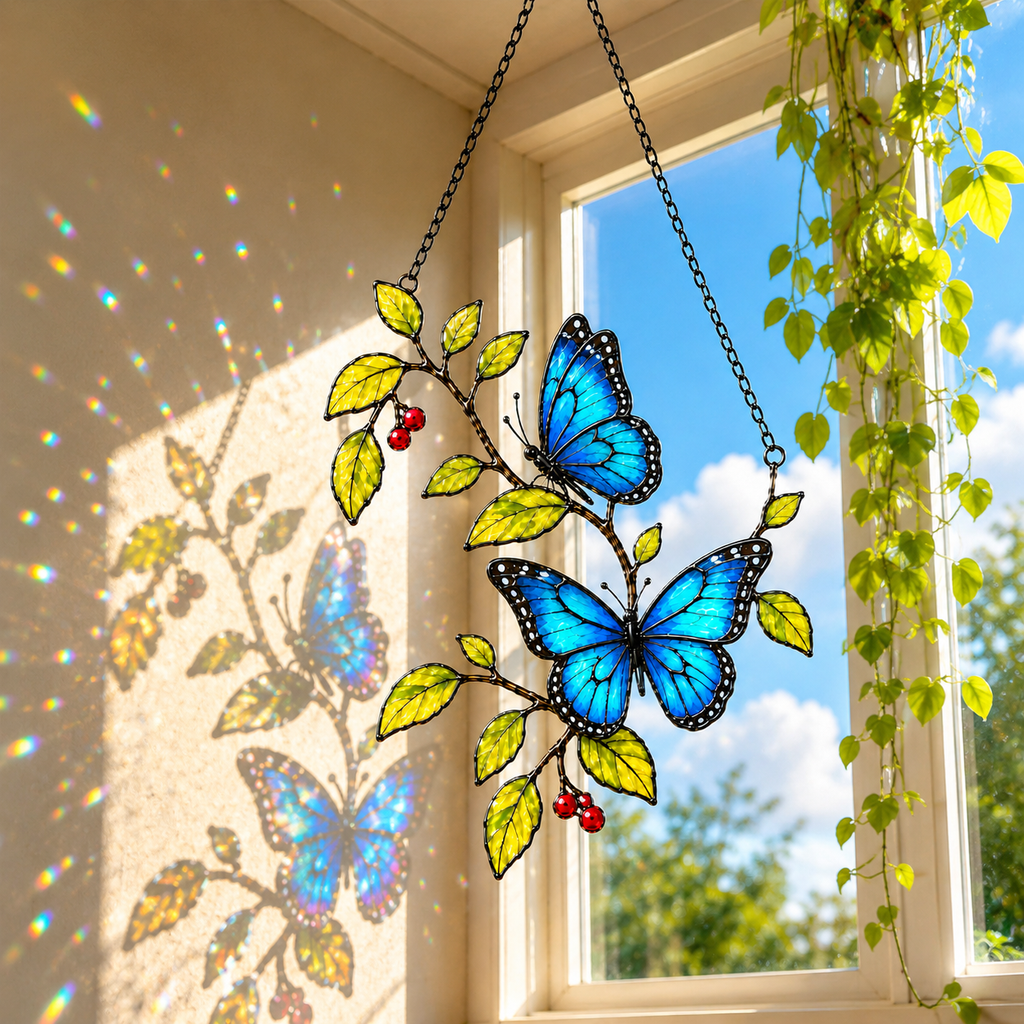 Blue morpho butterflies berry branch suncatcher casting colorful shadows