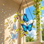 Blue morpho butterflies berry branch suncatcher casting colorful shadows