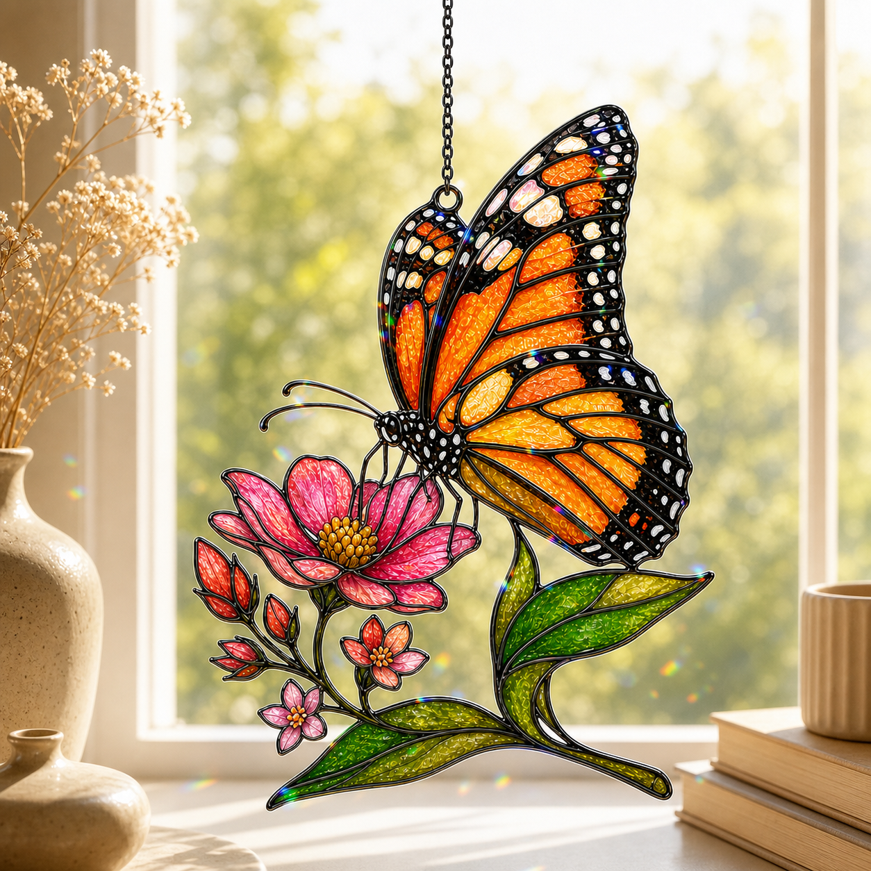 Monarch butterfly and pink wildflower holographic acrylic suncatcher in a sunlit window