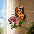 Monarch butterfly pink wildflower suncatcher with sheer curtains