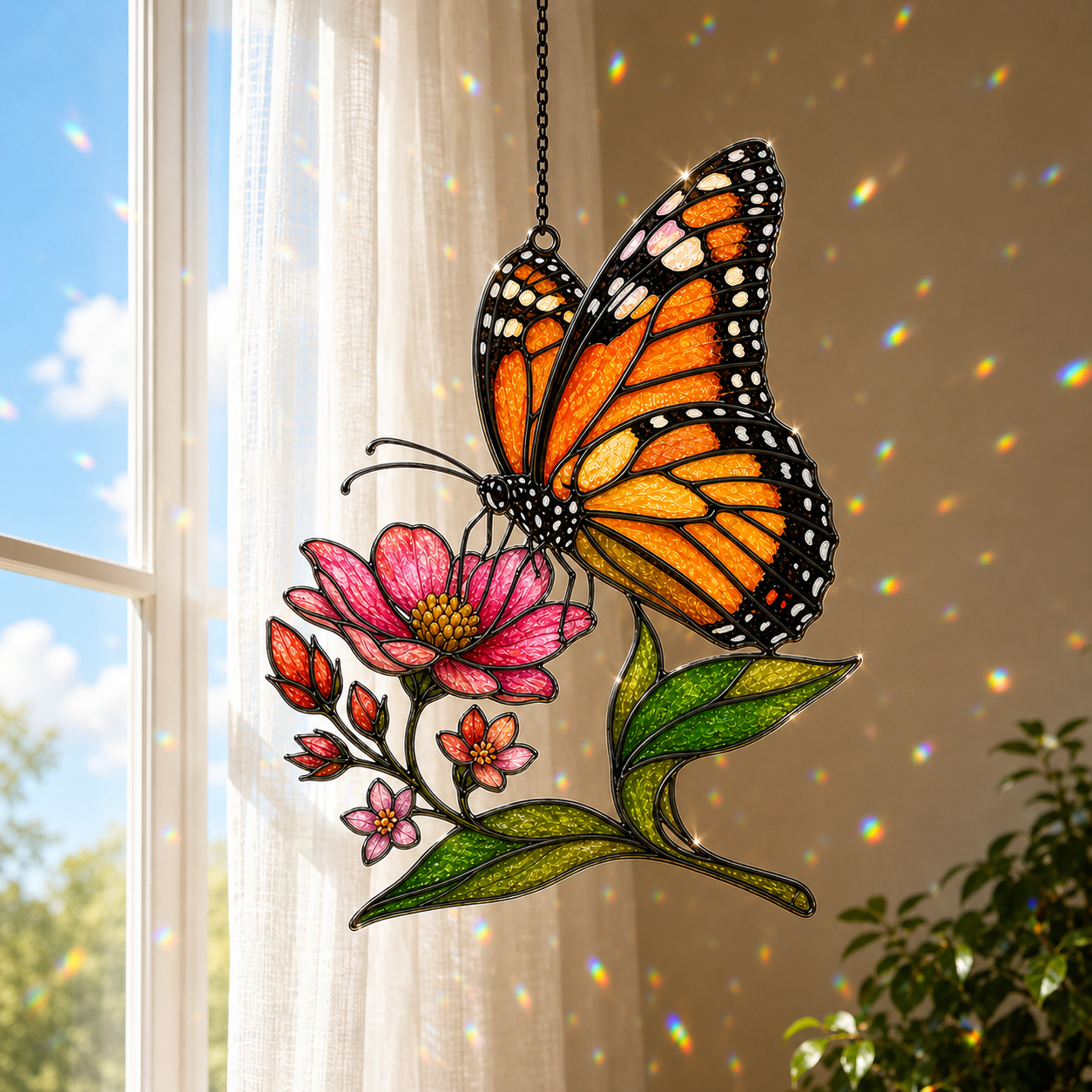 Monarch butterfly pink wildflower suncatcher with sheer curtains
