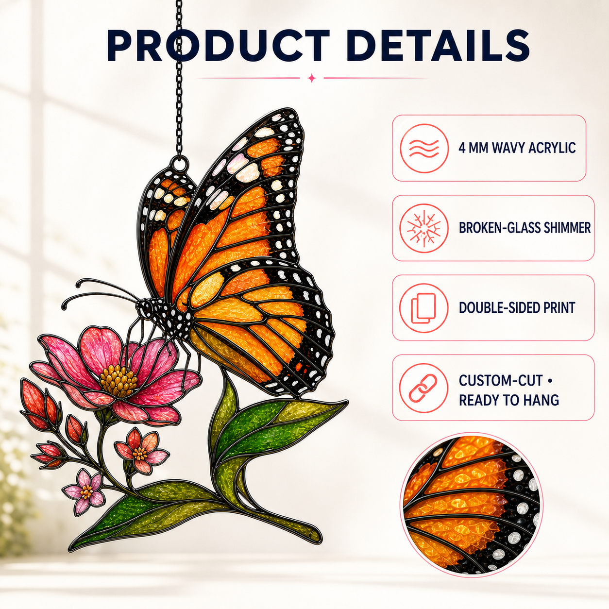 Monarch butterfly pink wildflower suncatcher product details 4mm wavy acrylic