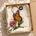 Monarch butterfly pink wildflower suncatcher gift box packaging with chain