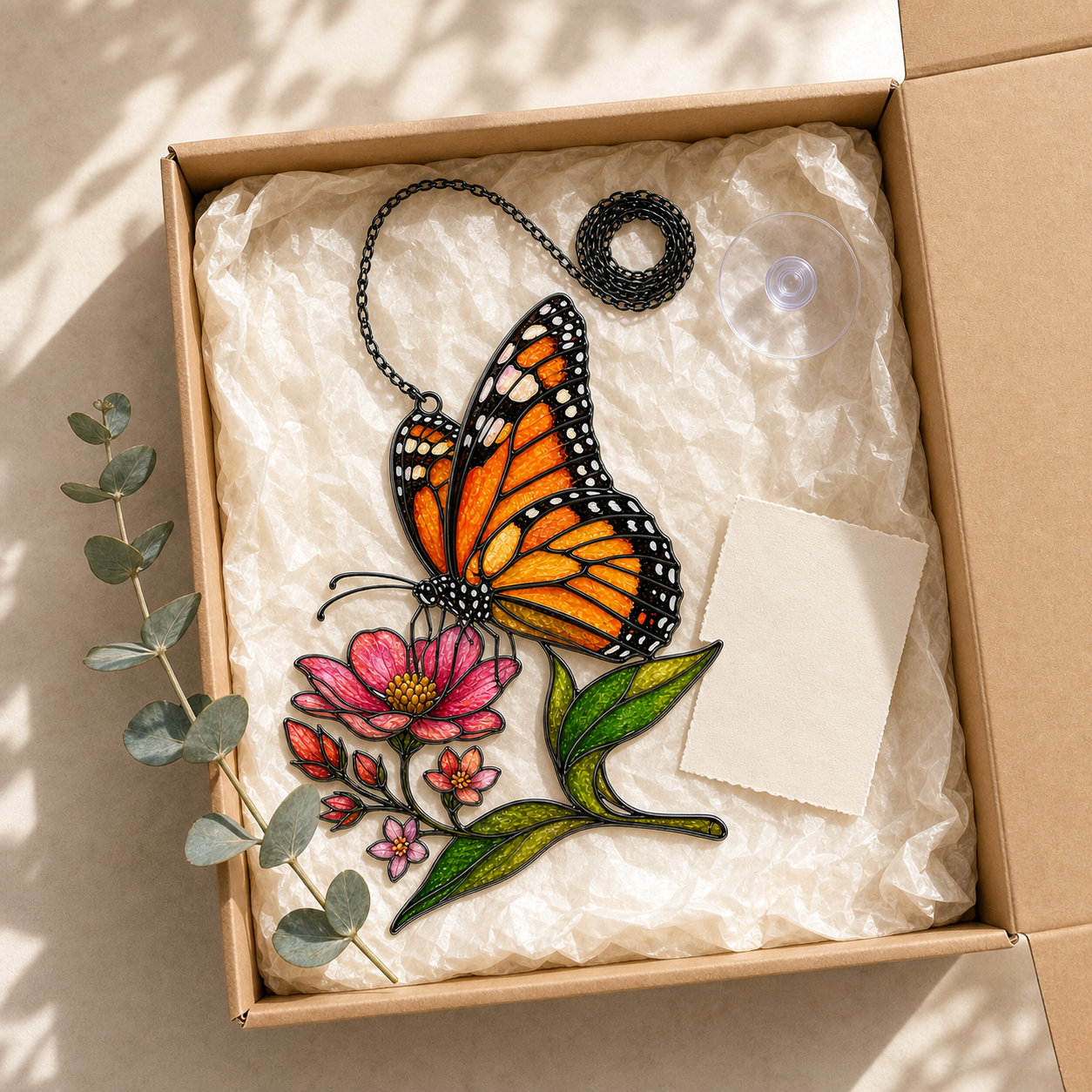 Monarch butterfly pink wildflower suncatcher gift box packaging with chain