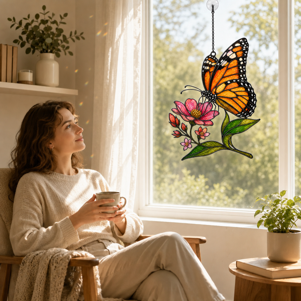 Monarch butterfly pink wildflower suncatcher by a cozy reading window
