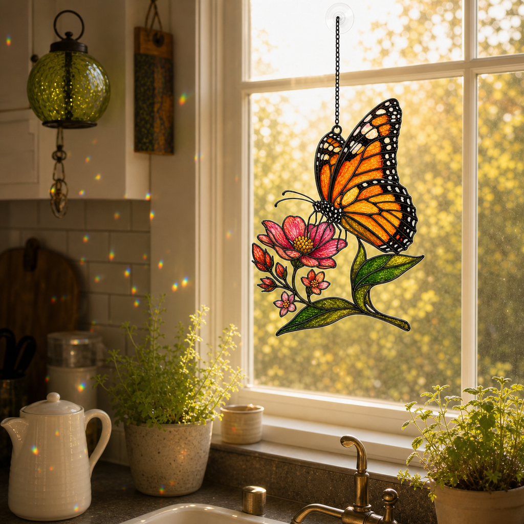 Monarch butterfly pink wildflower suncatcher above a kitchen window