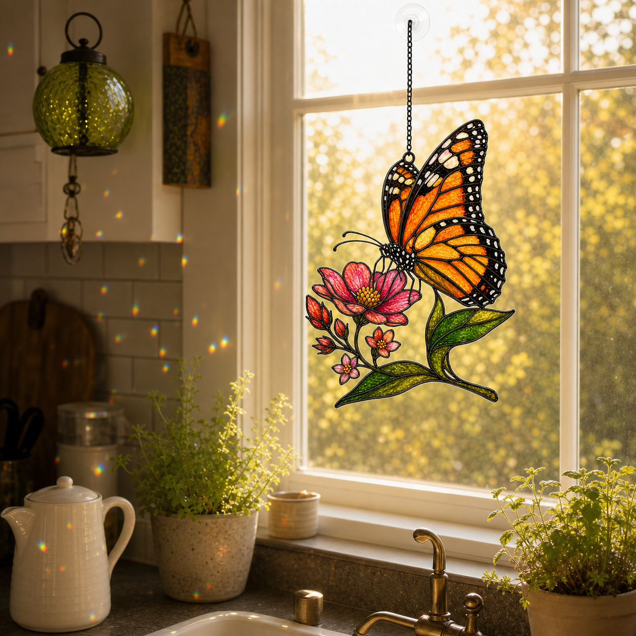Monarch butterfly pink wildflower suncatcher above a kitchen window