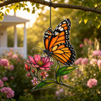 Monarch butterfly pink wildflower suncatcher in a rose garden