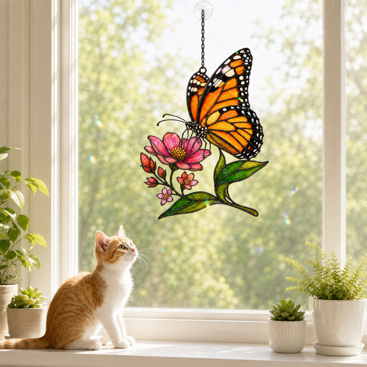 Cat admiring monarch butterfly pink wildflower suncatcher on a windowsill