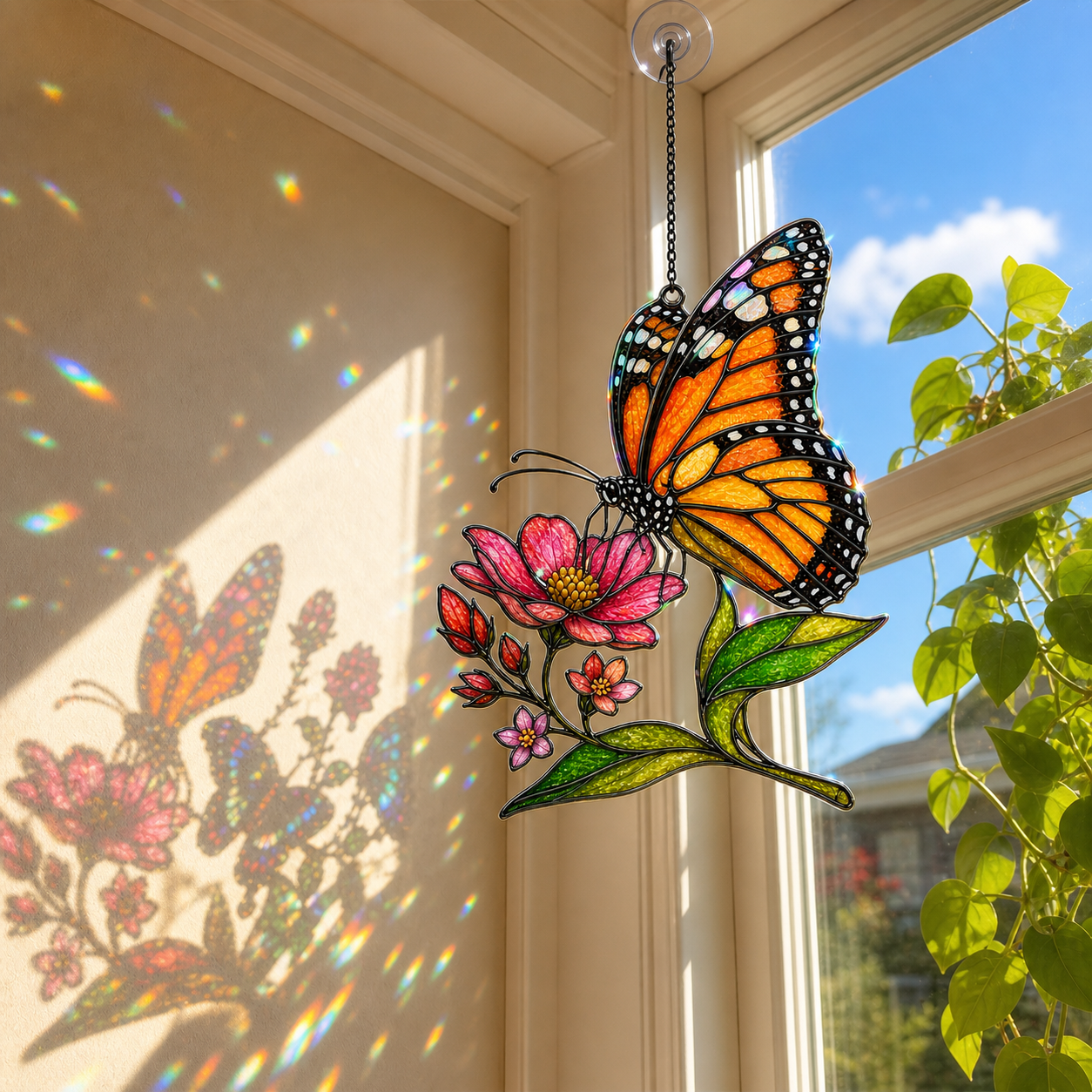 Monarch butterfly pink wildflower suncatcher casting colorful shadows