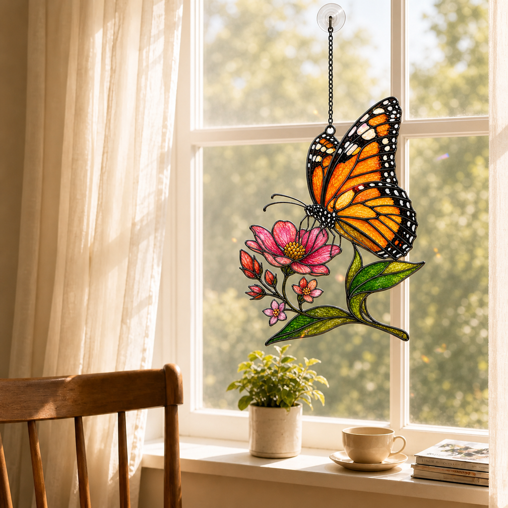 Monarch butterfly pink wildflower suncatcher in a bright living room window