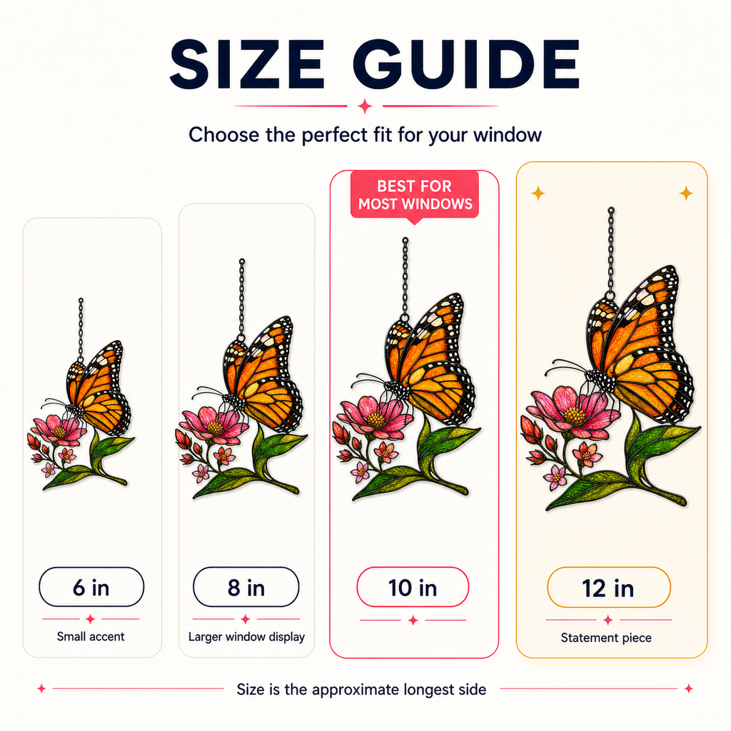 Monarch butterfly pink wildflower suncatcher size guide 6 8 10 12 inch