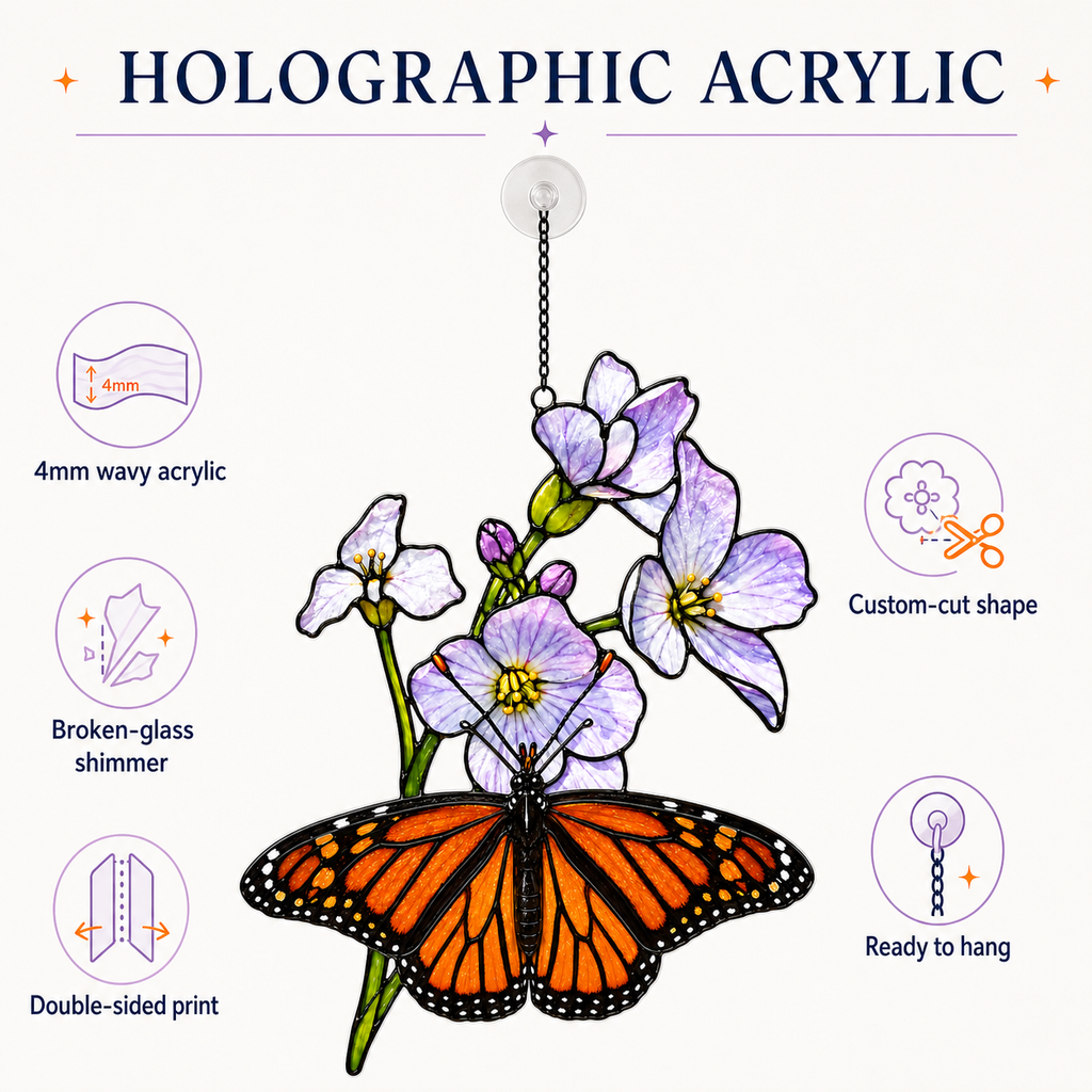 Monarch butterfly purple blossom suncatcher holographic acrylic features