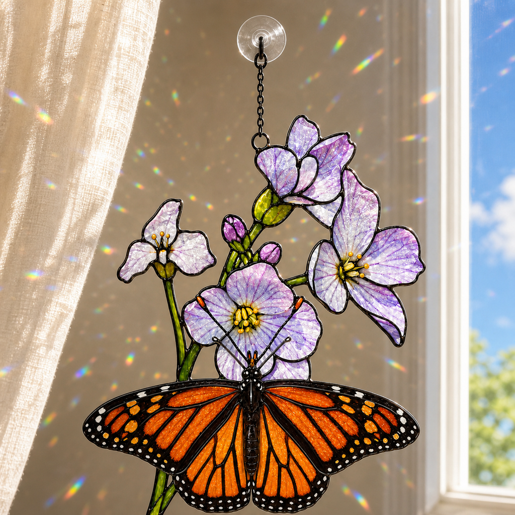 Monarch butterfly purple blossom suncatcher with sunlight sparkles