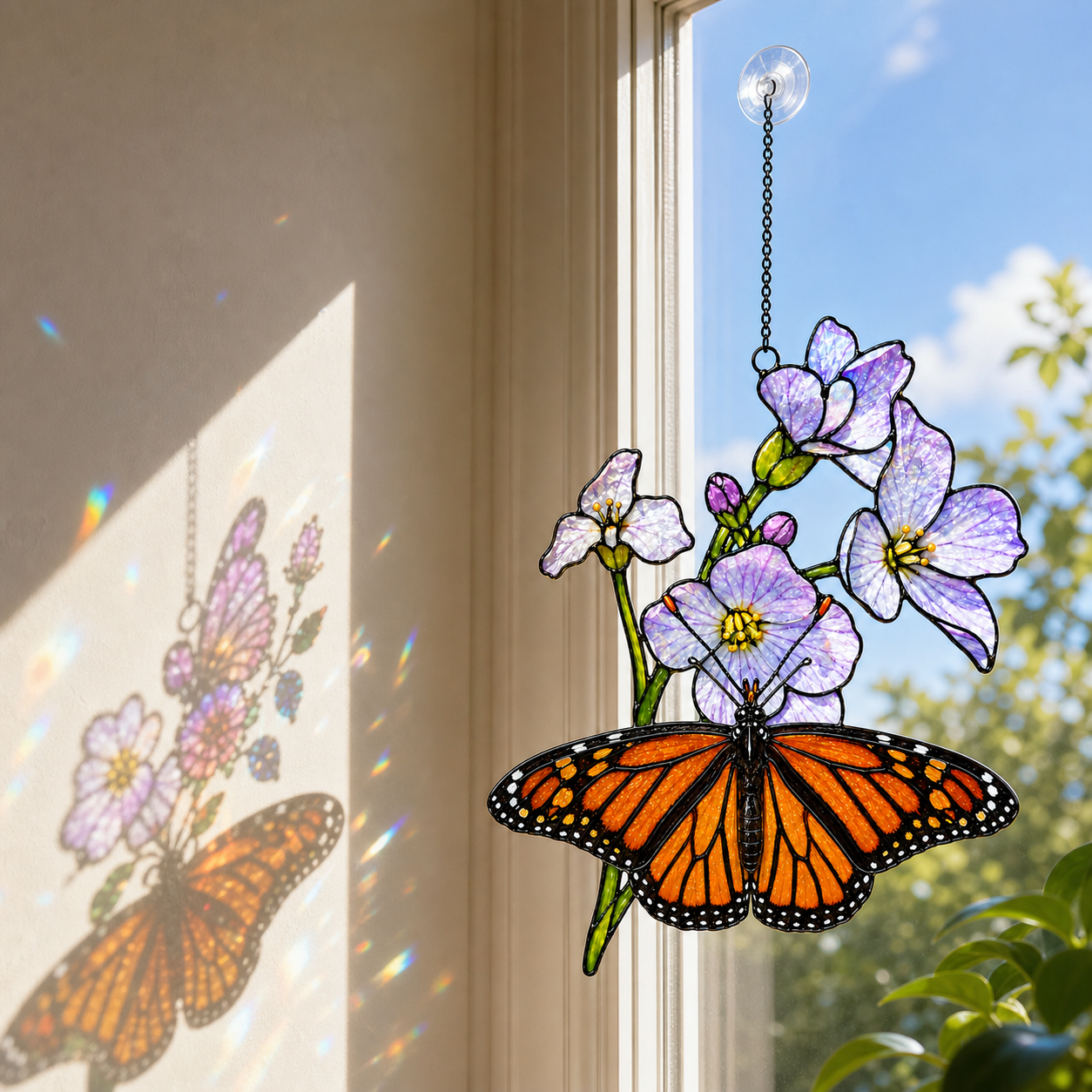 Monarch butterfly purple blossom suncatcher casting soft reflections
