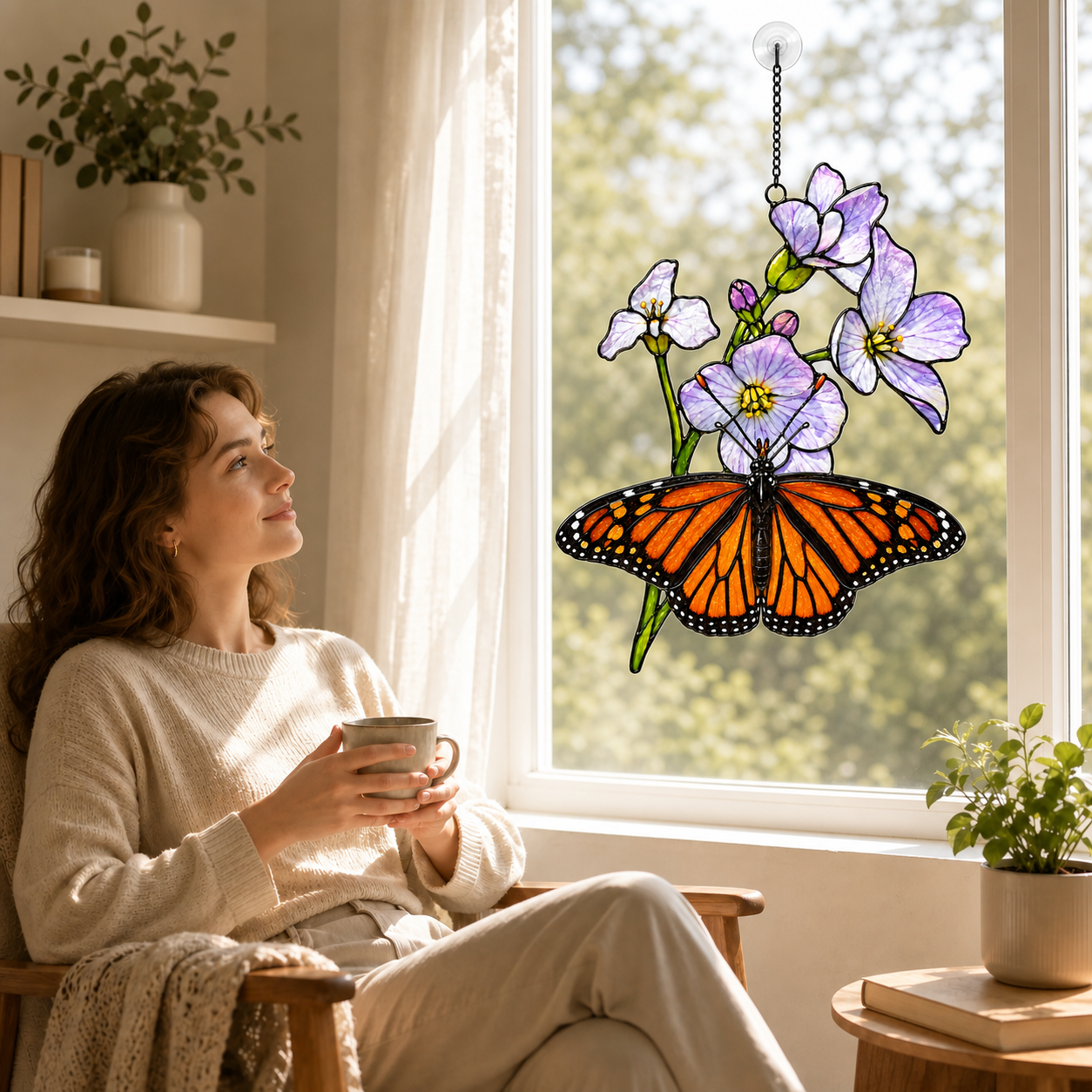 Monarch butterfly purple blossom suncatcher by a cozy reading window