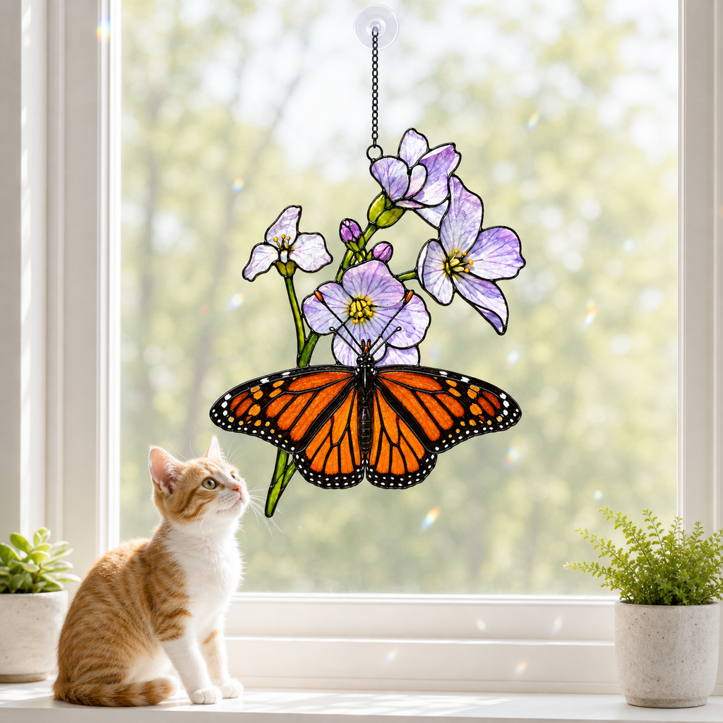 Cat admiring monarch butterfly purple blossom suncatcher on a windowsill