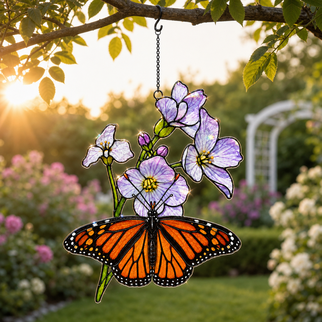 Monarch butterfly purple blossom suncatcher in a garden