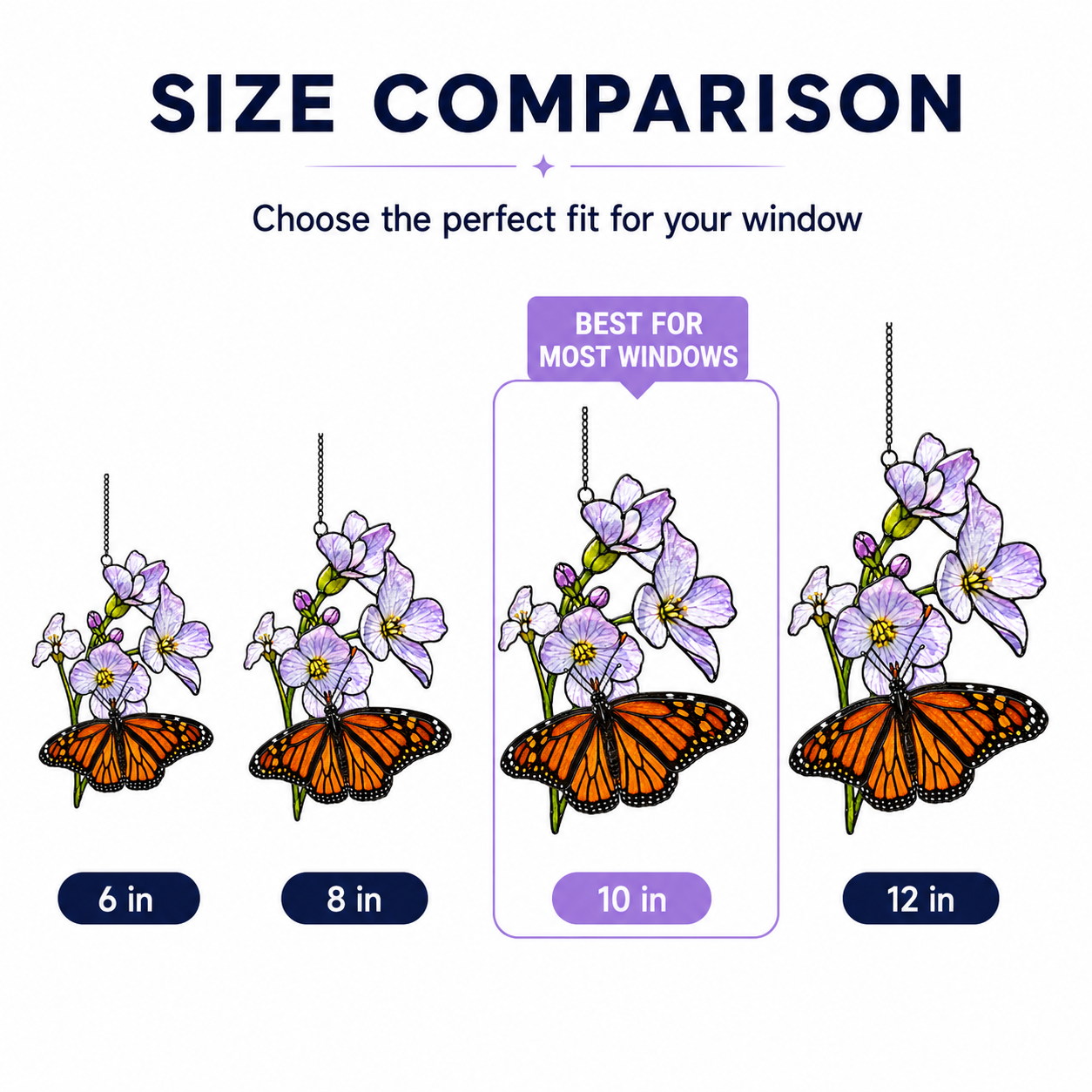 Monarch butterfly purple blossom suncatcher size comparison 6 8 10 12 inch