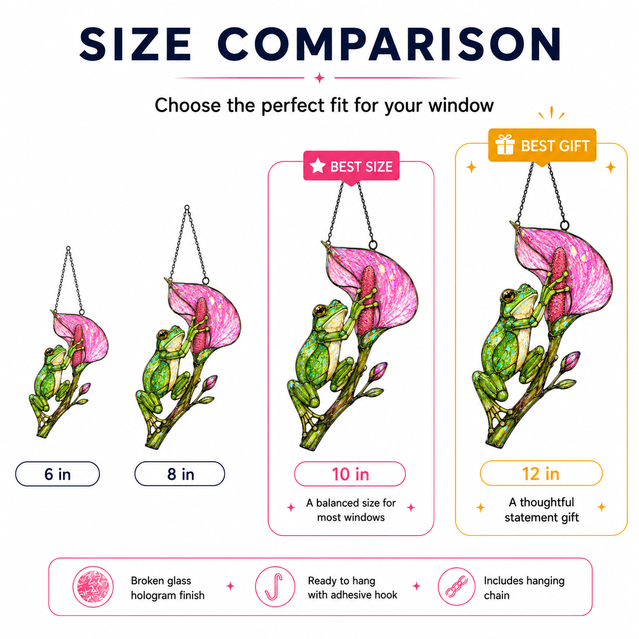 Tree frog calla lily suncatcher size comparison 6 8 10 12 inch