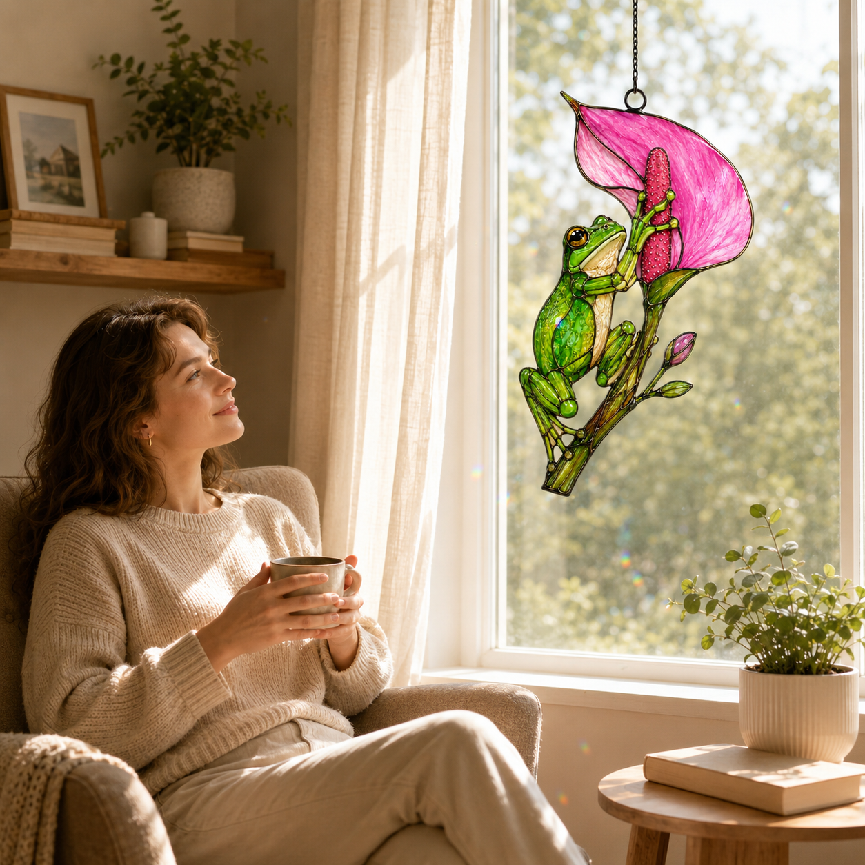 Tree frog calla lily suncatcher by a cozy reading window