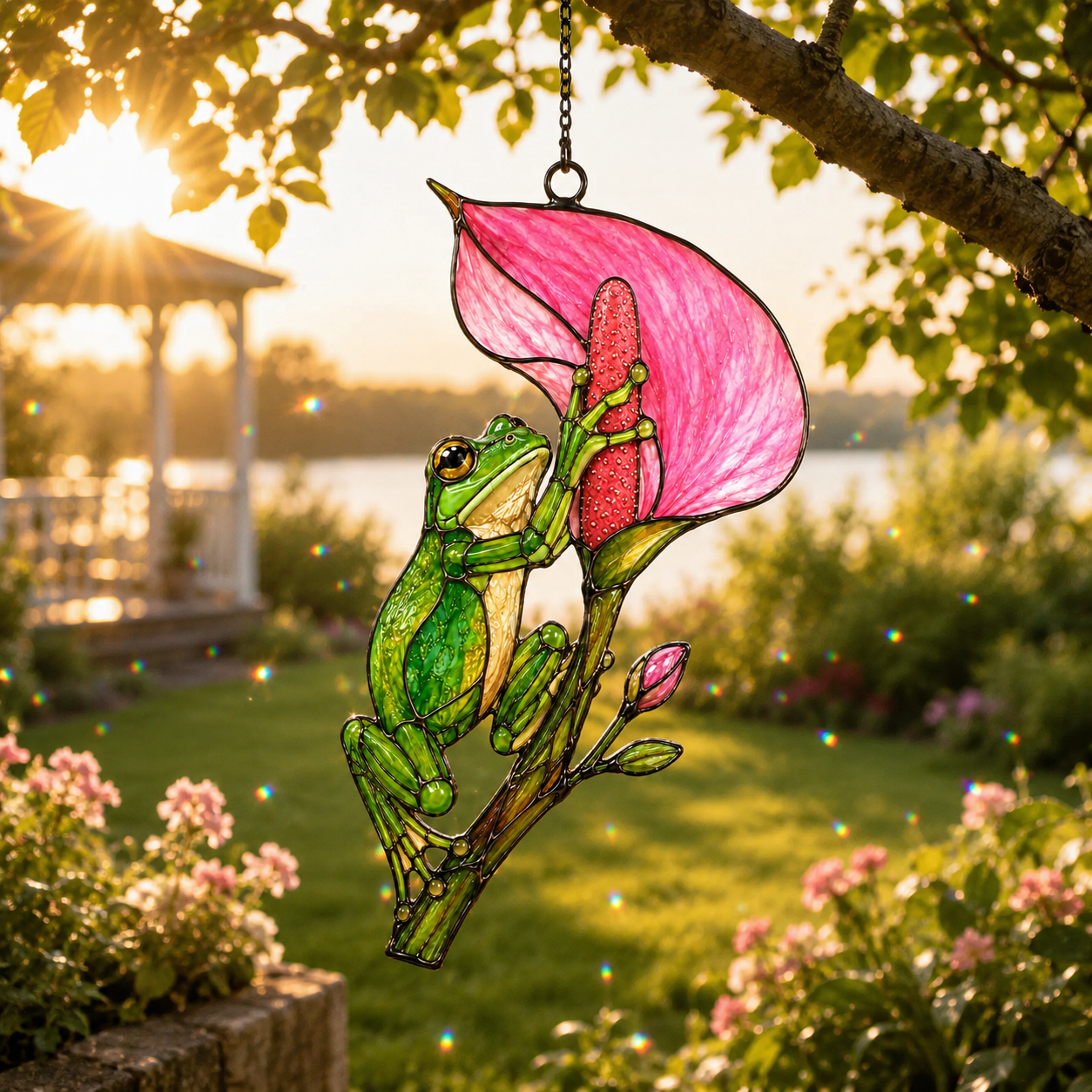 Tree frog calla lily suncatcher in a garden at golden hour