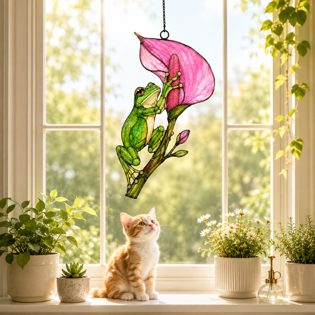 Cat admiring tree frog calla lily suncatcher on a windowsill