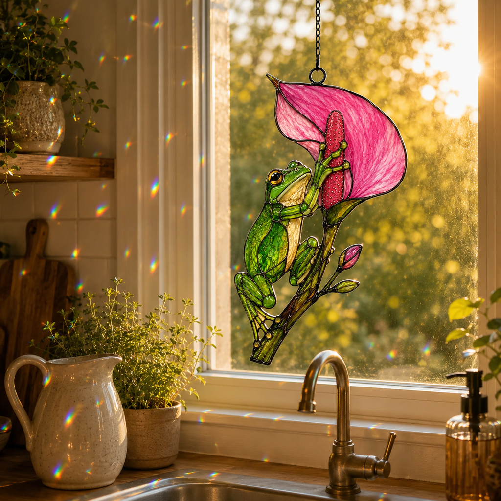Tree frog calla lily suncatcher above a kitchen window