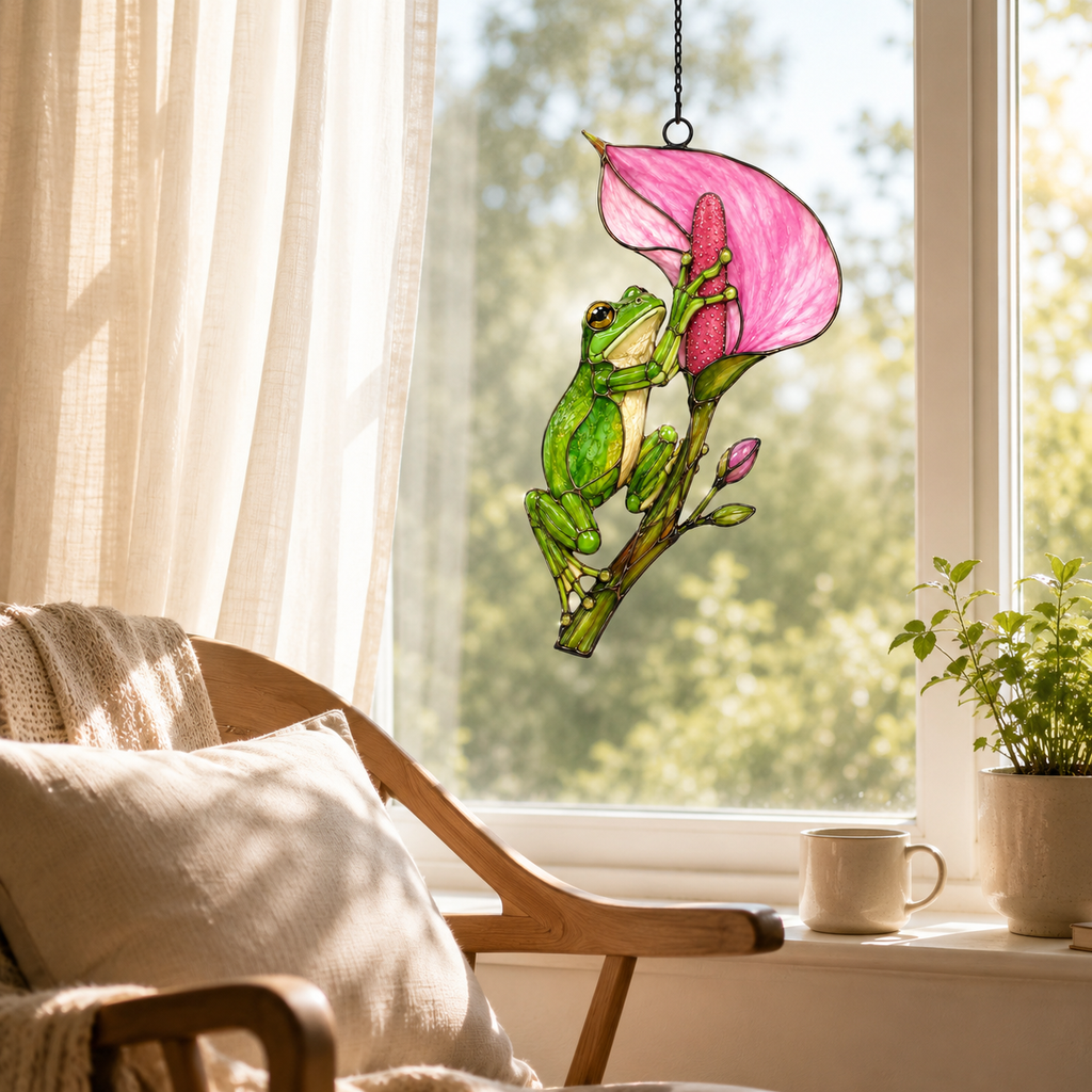 Tree frog calla lily suncatcher in a bright living room window