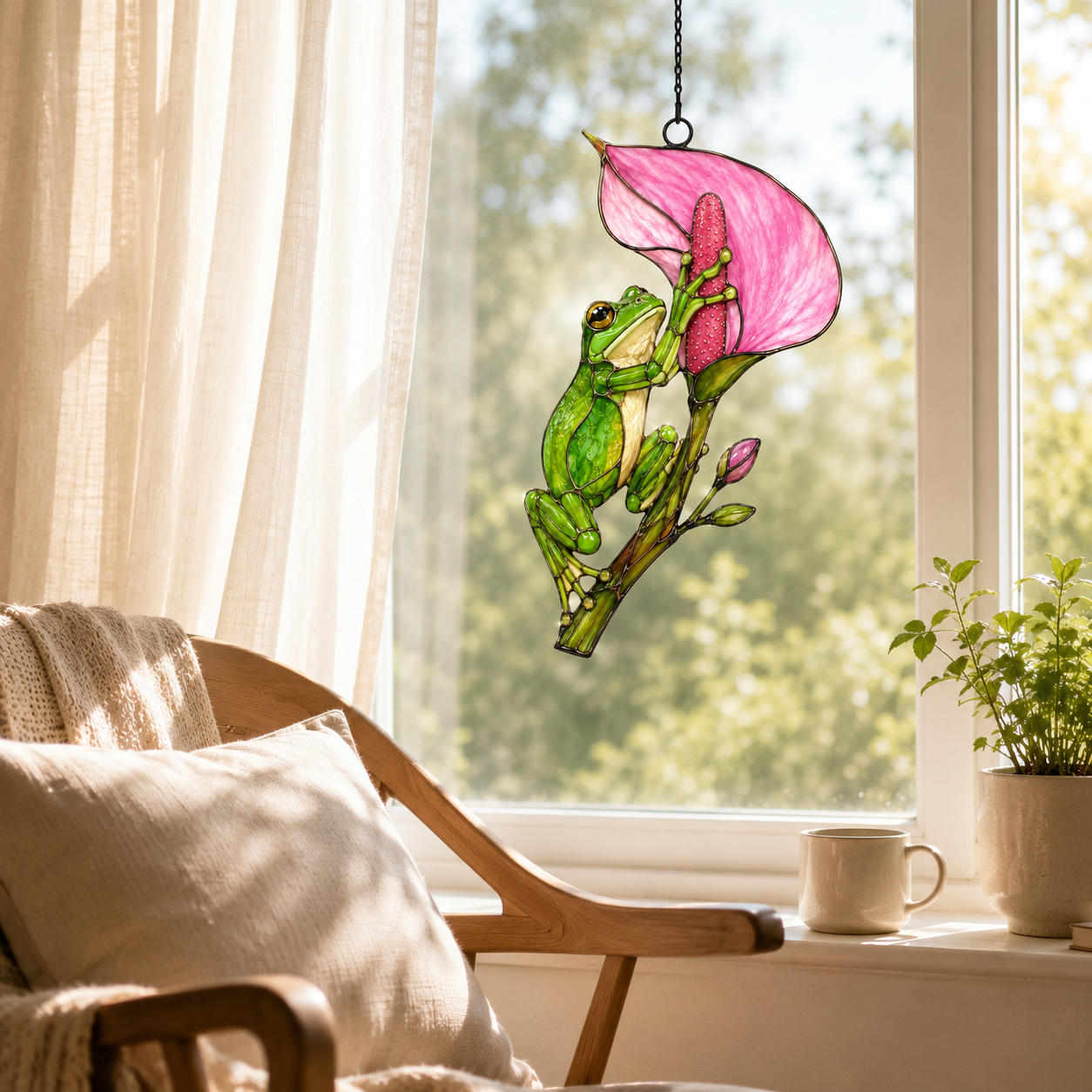 Tree frog calla lily suncatcher in a bright living room window