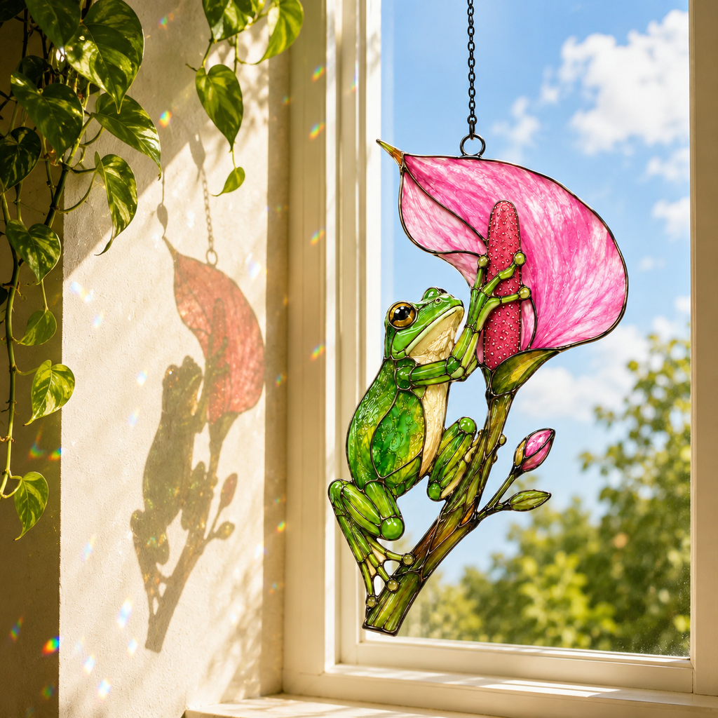 Tree frog calla lily suncatcher casting colorful shadows