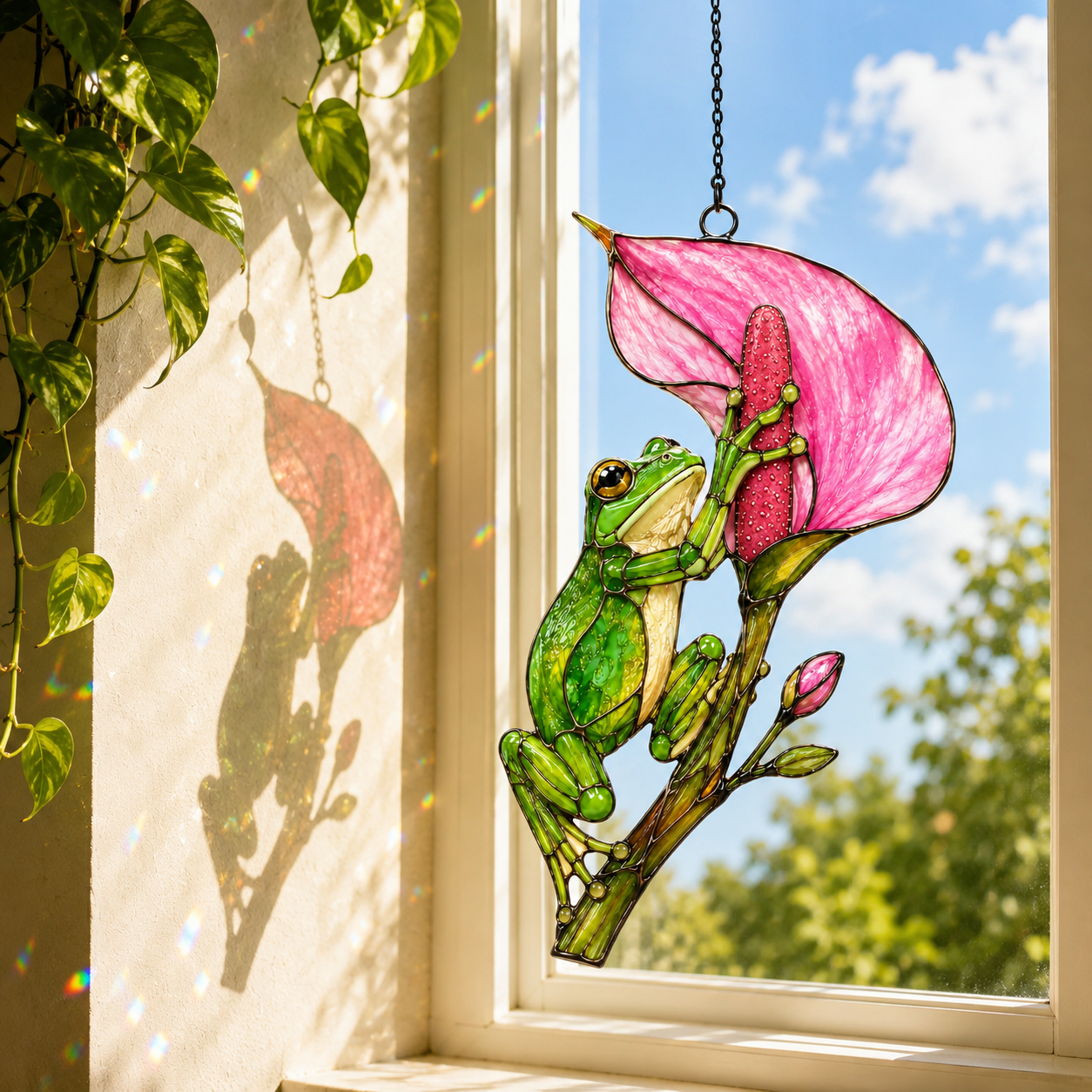 Tree frog calla lily suncatcher casting colorful shadows