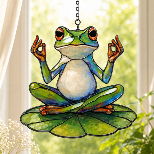 Zen meditating frog holographic acrylic suncatcher in a sunlit window