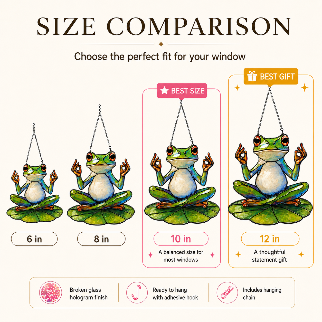 Zen meditating frog suncatcher size comparison 6 8 10 12 inch