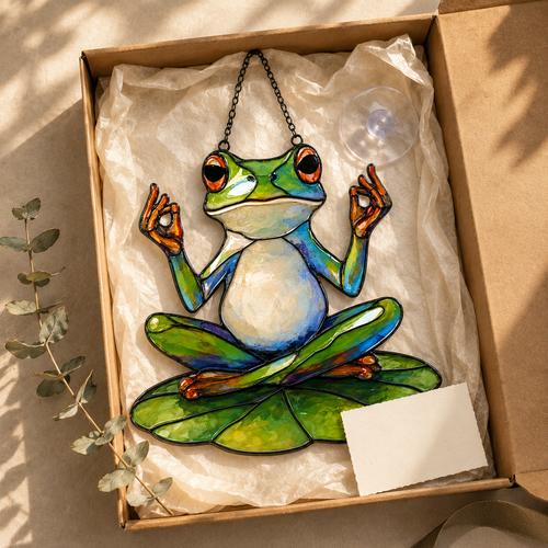 Zen meditating frog suncatcher gift box packaging