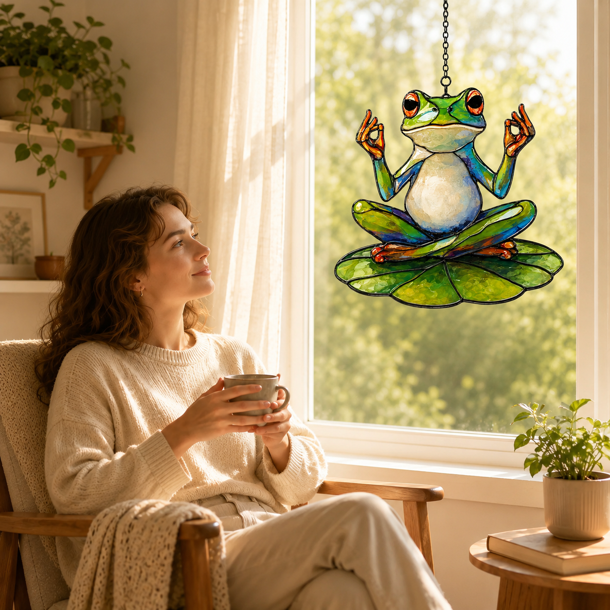 Zen meditating frog suncatcher by a cozy reading window