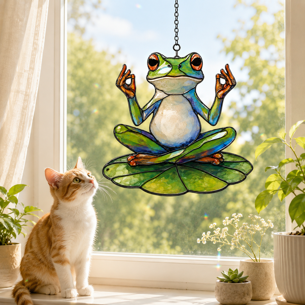 Zen meditating frog suncatcher above a kitchen window